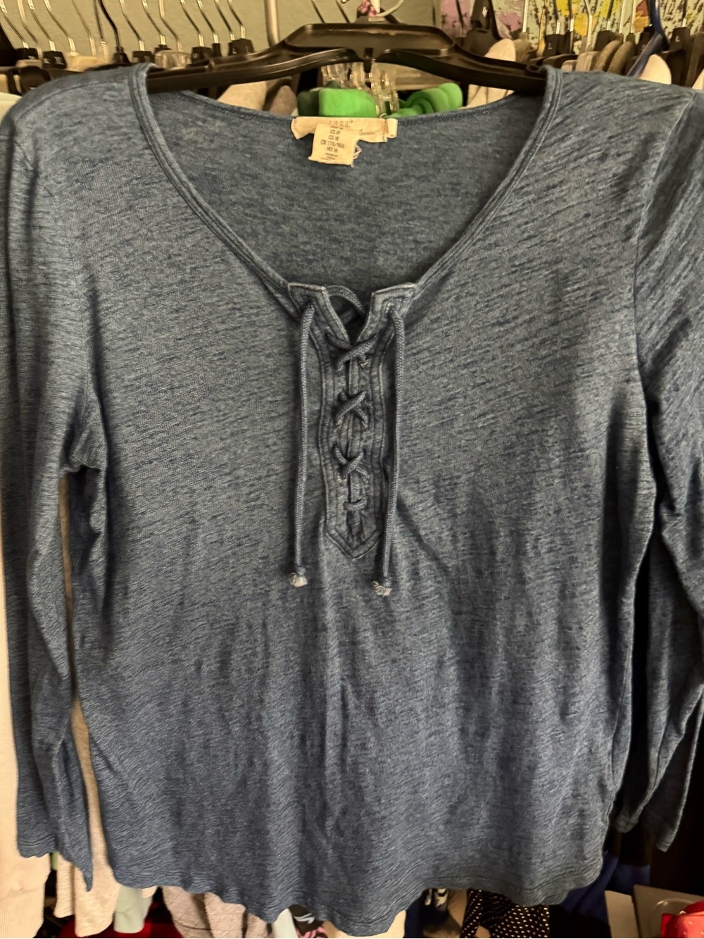 Lace-Up Long Sleeve V-Neck Tee in Heather Blue
